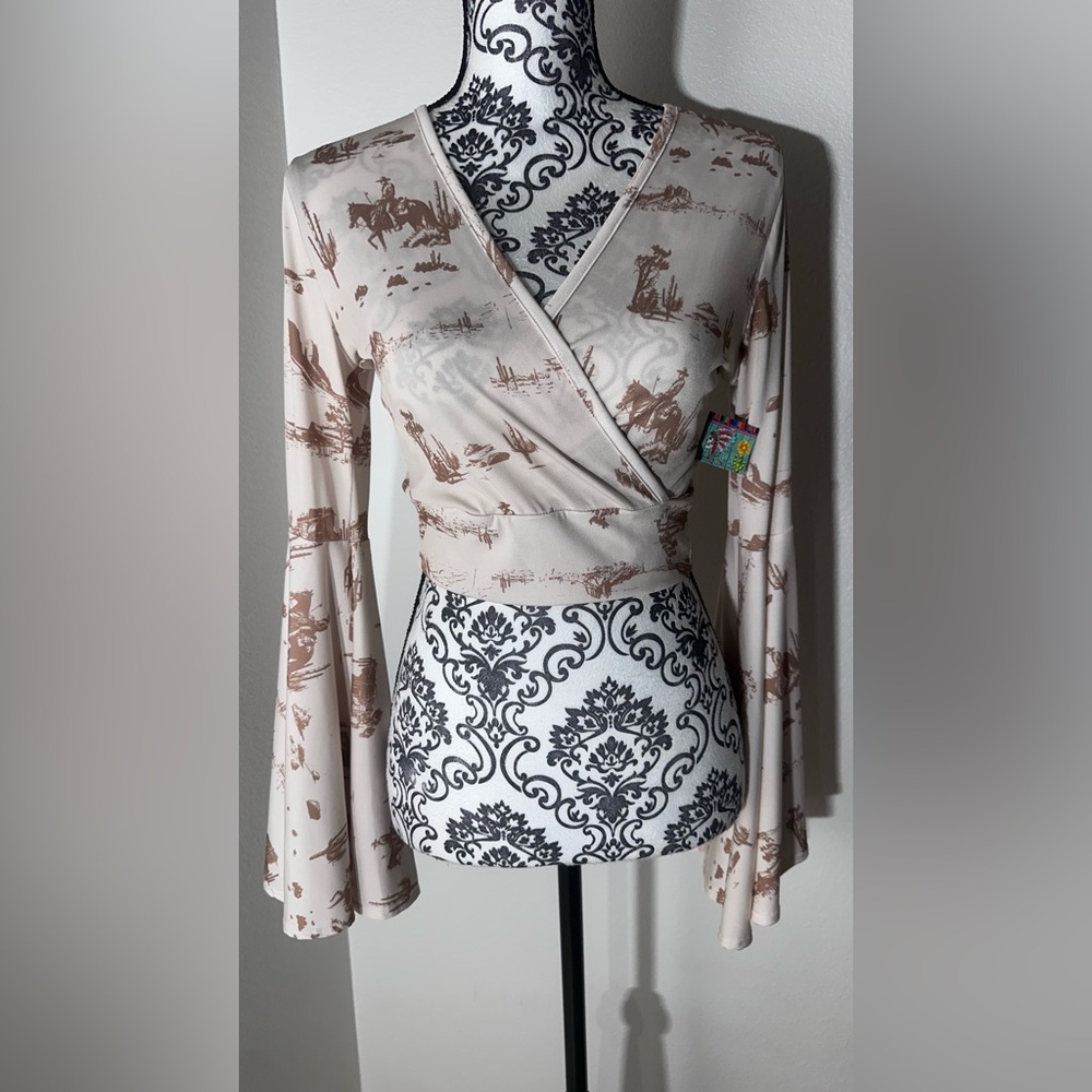 Elegant Cream and Brown Wrap Top